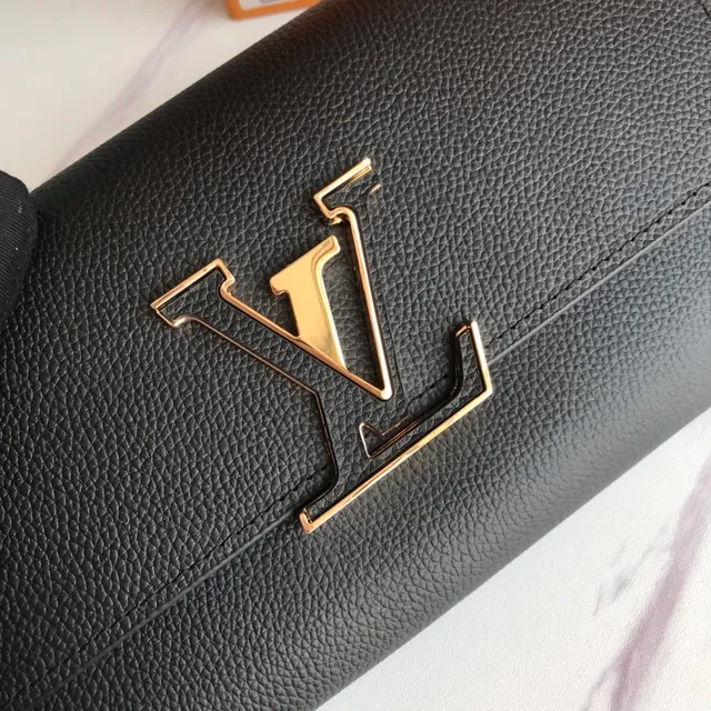 Louis Vuitton Twist Black Gold Couro granulado LV Clasp Long Wallet 9