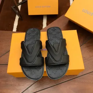 Louis Vuitton V-Strap Slide Black Monogrammed Rubber Sole Overlay Slippers