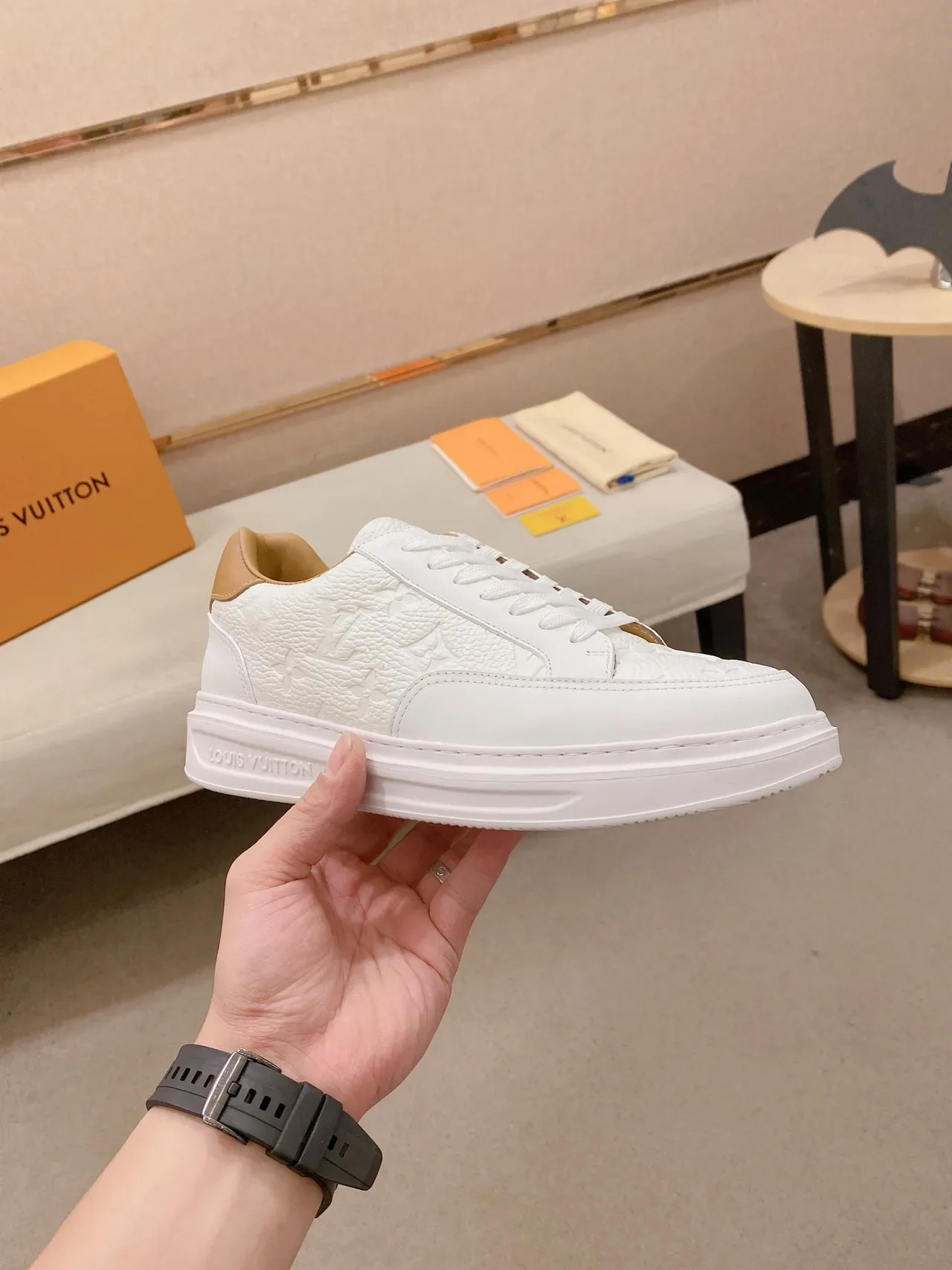 Louis Vuitton White Beige Monogram-Embossed Leather Low-Top Platform Sole Lifestyle Sneakers 6