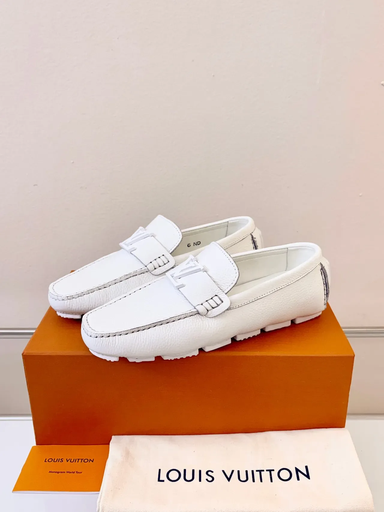 Louis Vuitton White Beige Pebbled Leather Monogram Buckle Loafer 2