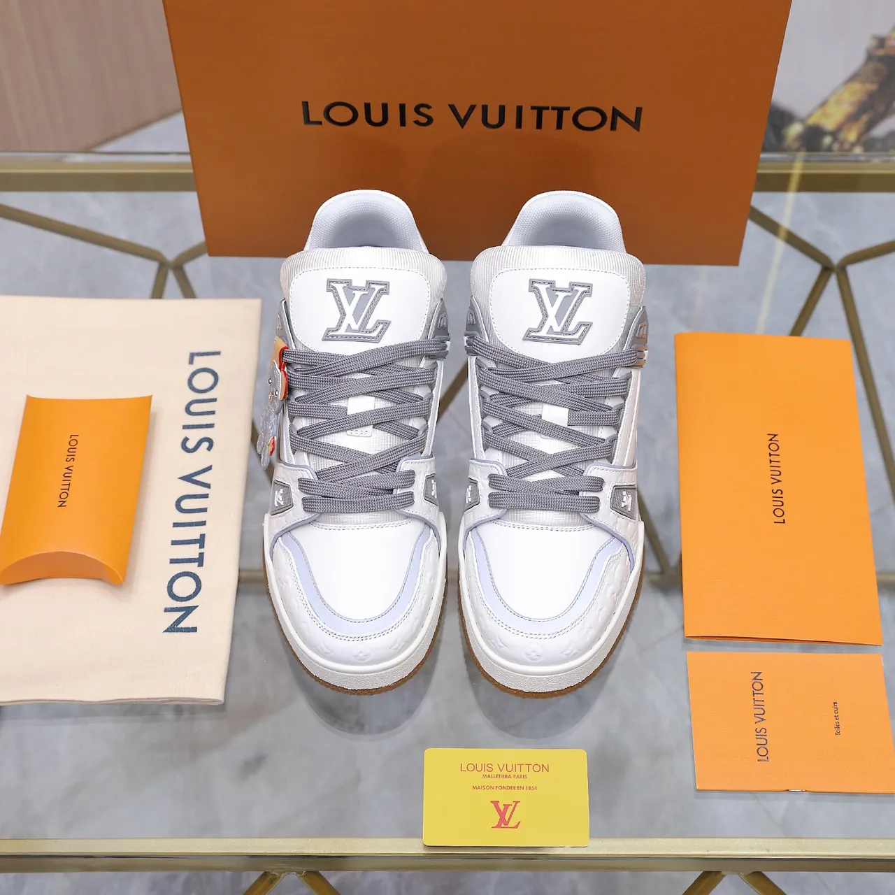 Louis Vuitton White Gray Monogram-Embossed Upper Structural Straps Lifestyle Sneakers 2