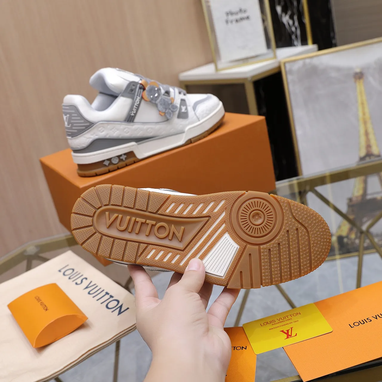 Louis Vuitton White Gray Monogram-Embossed Upper Structural Straps Lifestyle Sneakers 3