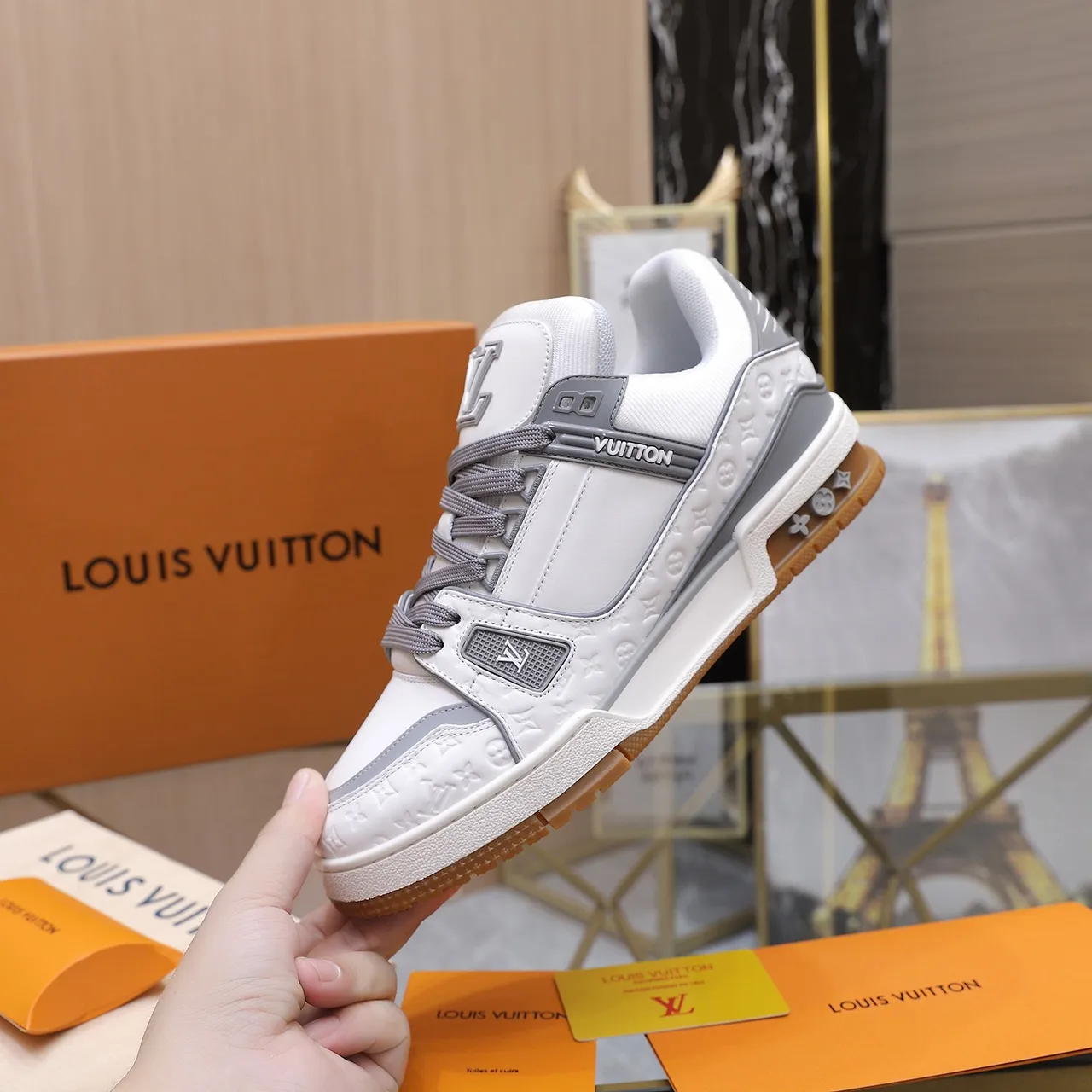 Louis Vuitton White Gray Monogram-Embossed Upper Structural Straps Lifestyle Sneakers 4