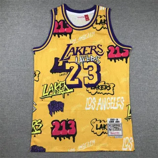 Mitchell & Ness 2018–19 LeBron James Hardwood Classics Graffiti Print Yellow Lakers Jersey
