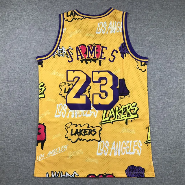 Mitchell & Ness 2018–19 LeBron James Hardwood Classics Graffiti Print Yellow Lakers Jersey 3