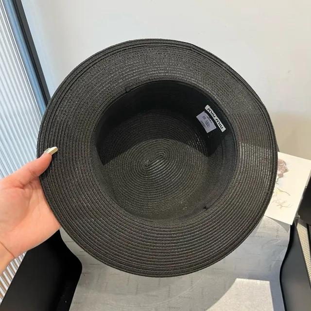 Miu Miu Preto Bege Palha Trançada de Abas Largas Fedora 3