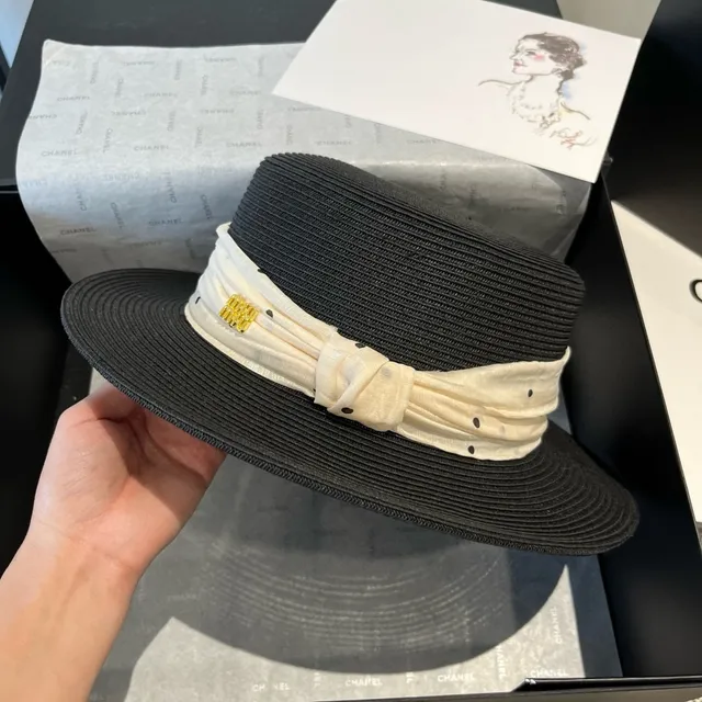 Miu Miu Preto Bege Palha Trançada de Abas Largas Fedora 6