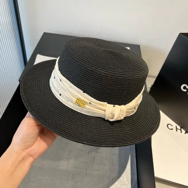 Miu Miu Preto Bege Palha Trançada de Abas Largas Fedora 7