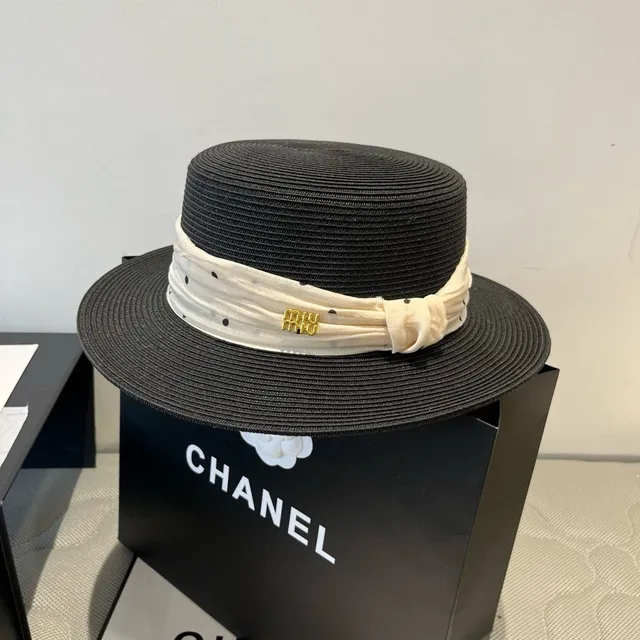 Miu Miu Preto Bege Palha Trançada de Abas Largas Fedora 8