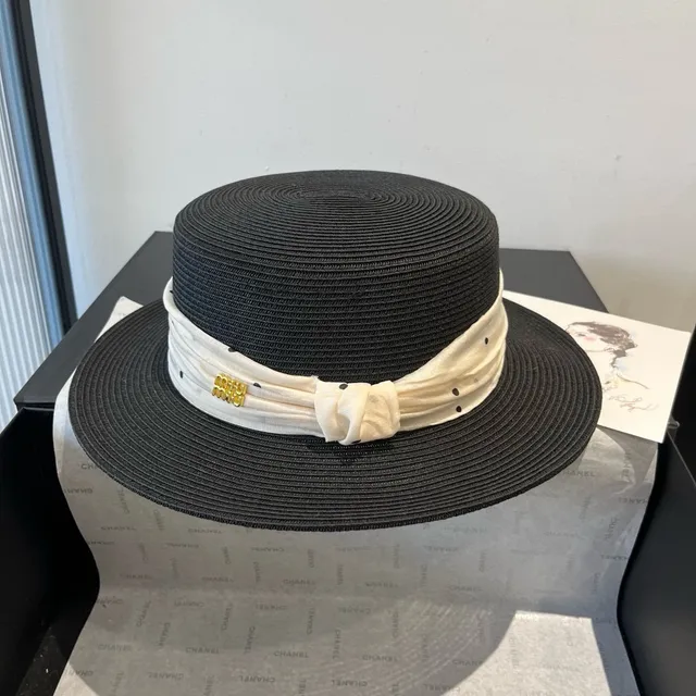 Miu Miu Preto Bege Palha Trançada de Abas Largas Fedora 9