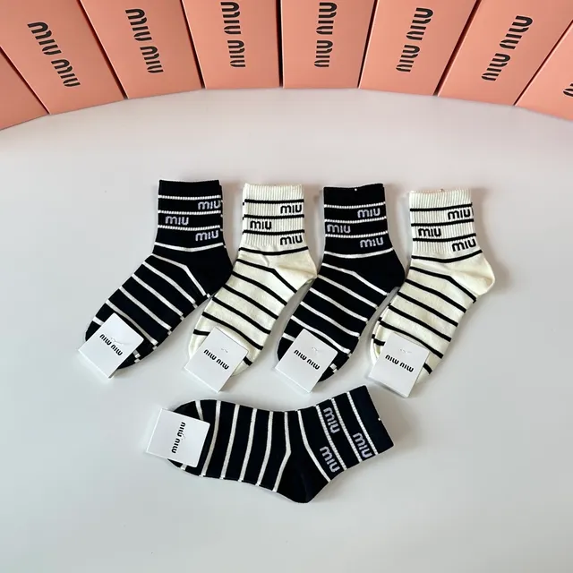 Miu Miu Striped Logo-Cuff Mid-Calf Socks 8