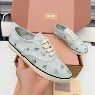 Miu Miu Wander Blue Beige Embellished Canvas Lifestyle Sneakers