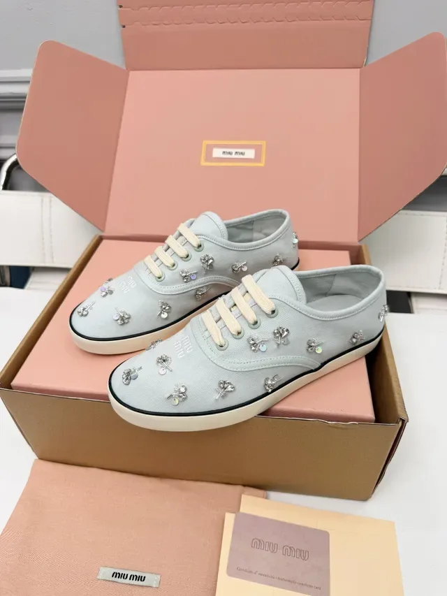 Miu Miu Wander Blue Beige Embellished Canvas Lifestyle Sneakers 4