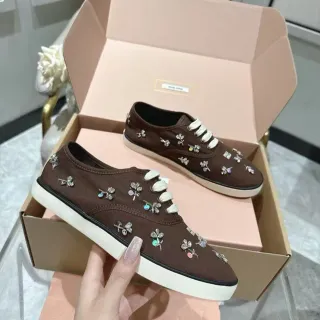 Miu Miu Wander Crystal Brown Canvas Shoes