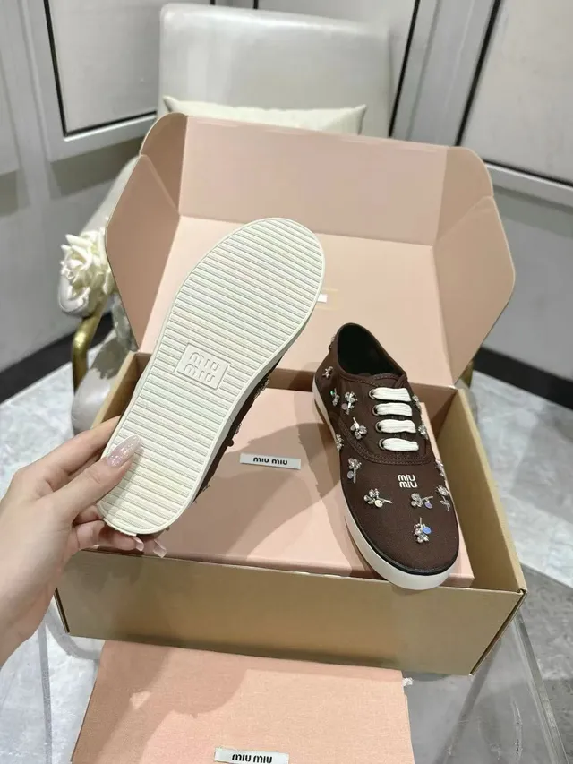 Miu Miu Wander Sapatos de lona marrom crystal 2