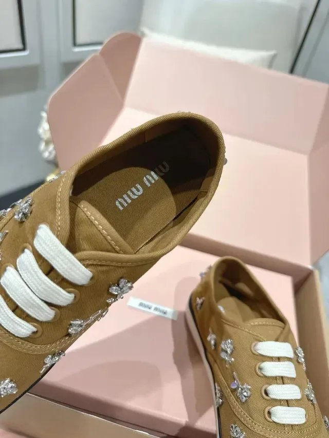 Miu Miu Wander Tan Canvas Crystal-Embellished Lifestyle Sneakers 2