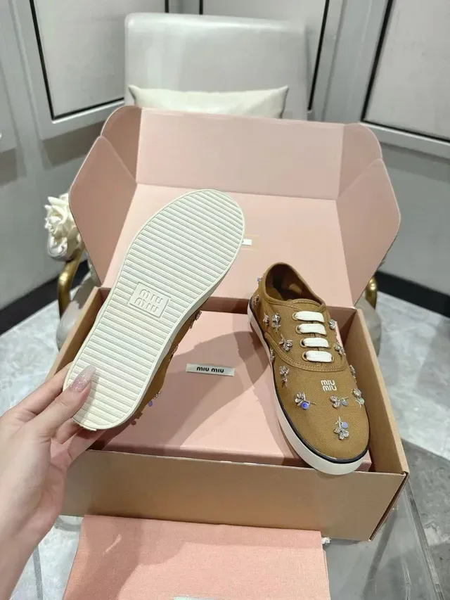 Miu Miu Wander Tan Canvas Crystal-Embellished Lifestyle Sneakers 4