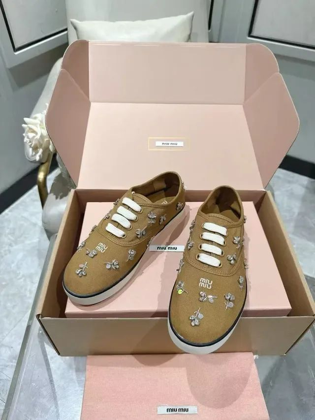 Miu Miu Wander Tan Canvas Crystal-Embellished Lifestyle Sneakers 5