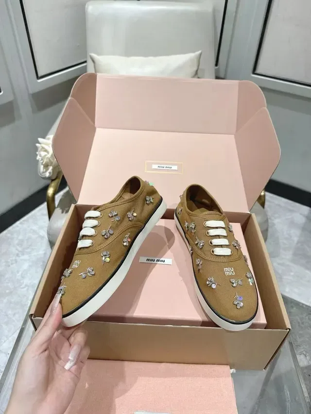 Miu Miu Wander Tan Canvas Crystal-Embellished Lifestyle Sneakers 6