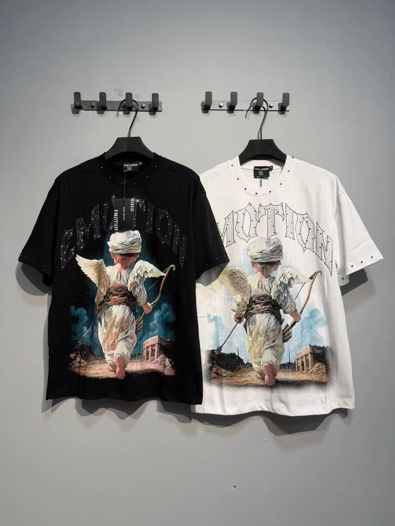 Mixed Emotion Angel Graphic Rhinestone Embellished Black T-Shirt 2