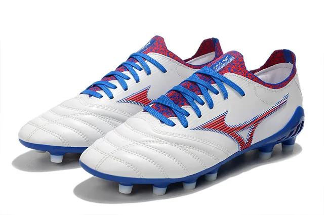 Mizuno Football Boot White Blue Red Quilted Leather Firm-Ground Soccer Shoes 8