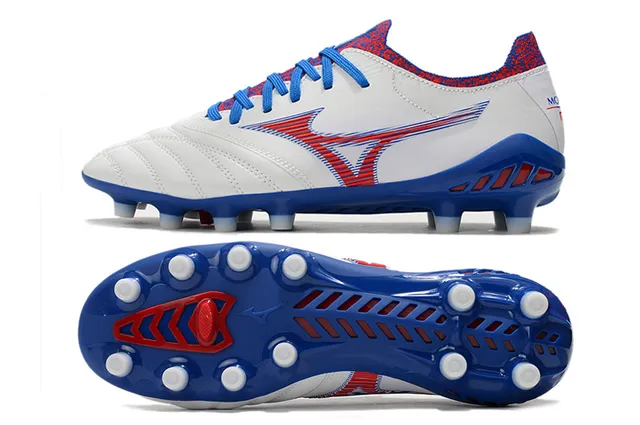 Mizuno Football Boot White Blue Red Quilted Leather Firm-Ground Soccer Shoes 9