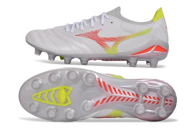 Mizuno Morelia Neo Blanc Jaune Néon Orange Terrain Firme Chaussures de football 6