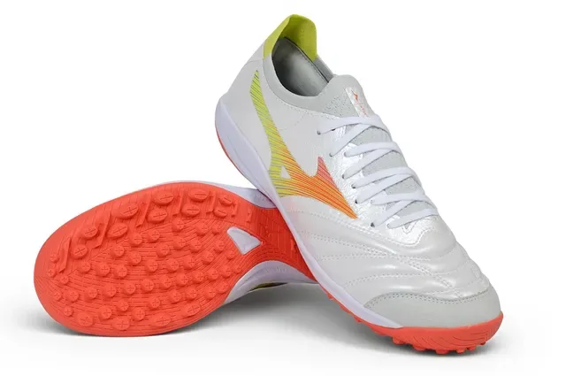 Mizuno White Orange Quilted Synthetic Upper Wave-Logo Side Stripe Turf Soccer Shoes 2