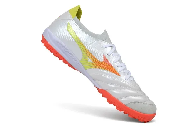 Mizuno White Orange Quilted Synthetic Upper Wave-Logo Side Stripe Turf Soccer Shoes 7