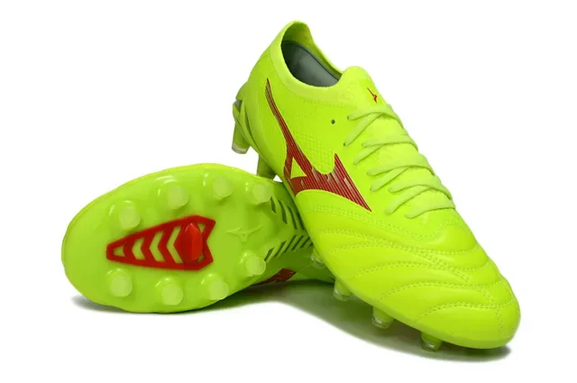Mizuno Yellow Red Neon Lime Green Synthetic Upper Wave Graphic Firm-Ground Soccer Shoes 4