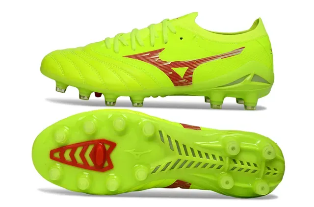 Mizuno Yellow Red Neon Lime Green Synthetic Upper Wave Graphic Firm-Ground Soccer Shoes 6
