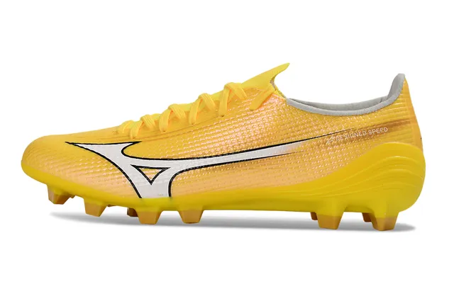 Mizuno Jaune Blanc Partie supérieure en tissu texturé studs coniques moulés terrain ferme chaussures de football 7