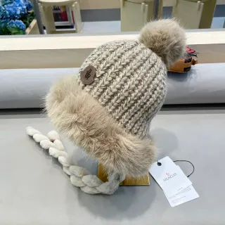 Moncler Beige Brown Chunky Cable-Knit Faux Fur Trim Beanie