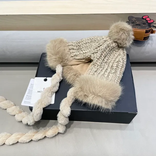Moncler Beige Brown Chunky Cable-Knit Faux Fur Trim Beanie 5