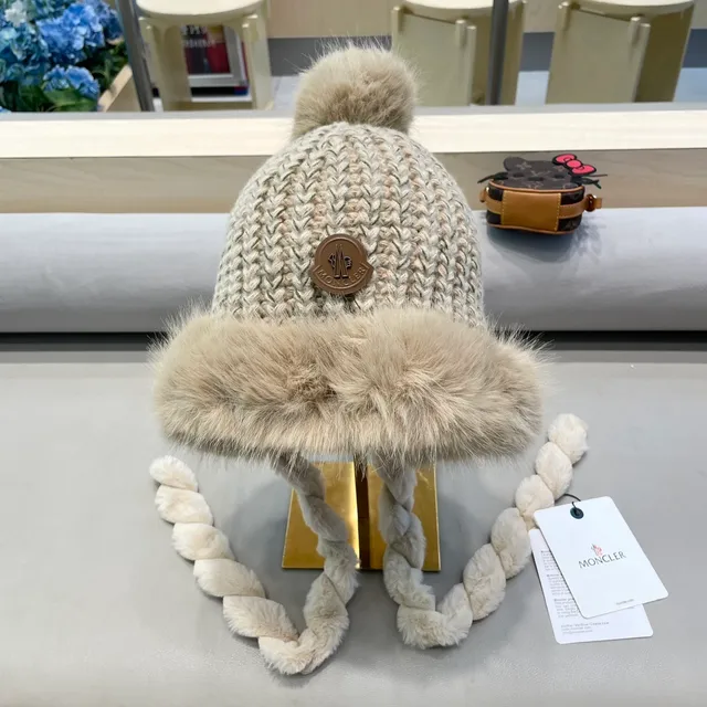 Moncler Beige Brown Chunky Cable-Knit Faux Fur Trim Beanie 9