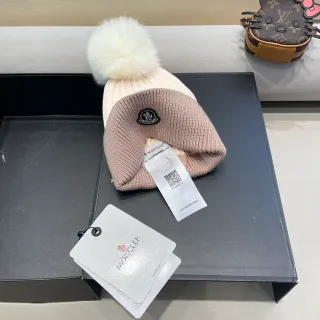 Moncler Beige White Two-Tone Ribbed Knit Faux-Fur Pom-Pom Beanie