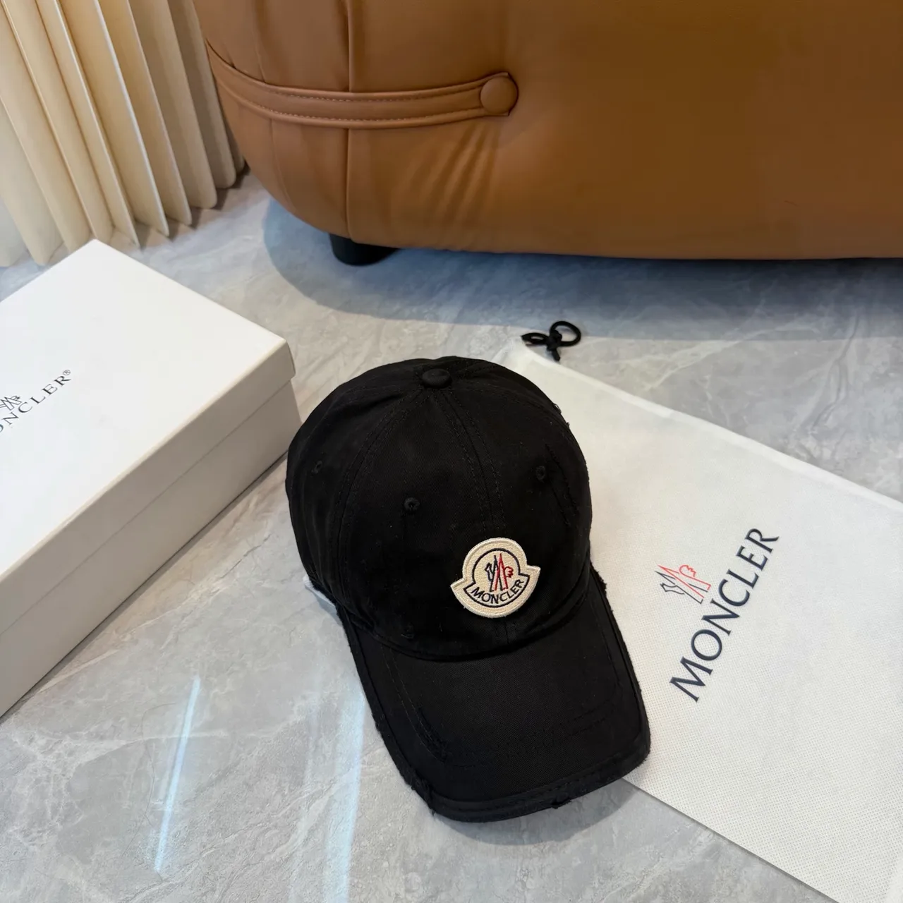 Moncler Black White Distressed Raw-Edge Brim Embroidered Logo Patch Baseball Cap 4