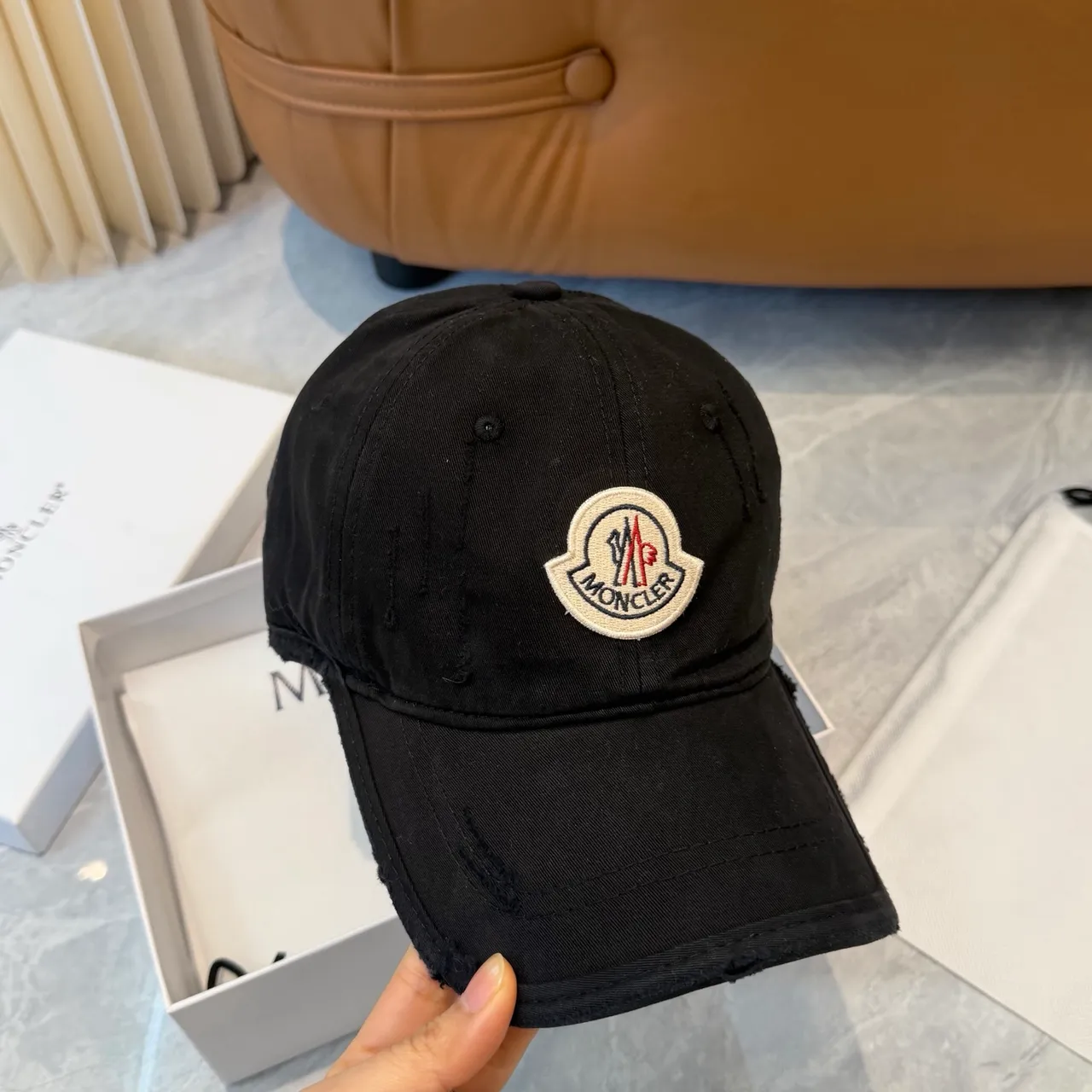 Moncler Black White Distressed Raw-Edge Brim Embroidered Logo Patch Baseball Cap 6