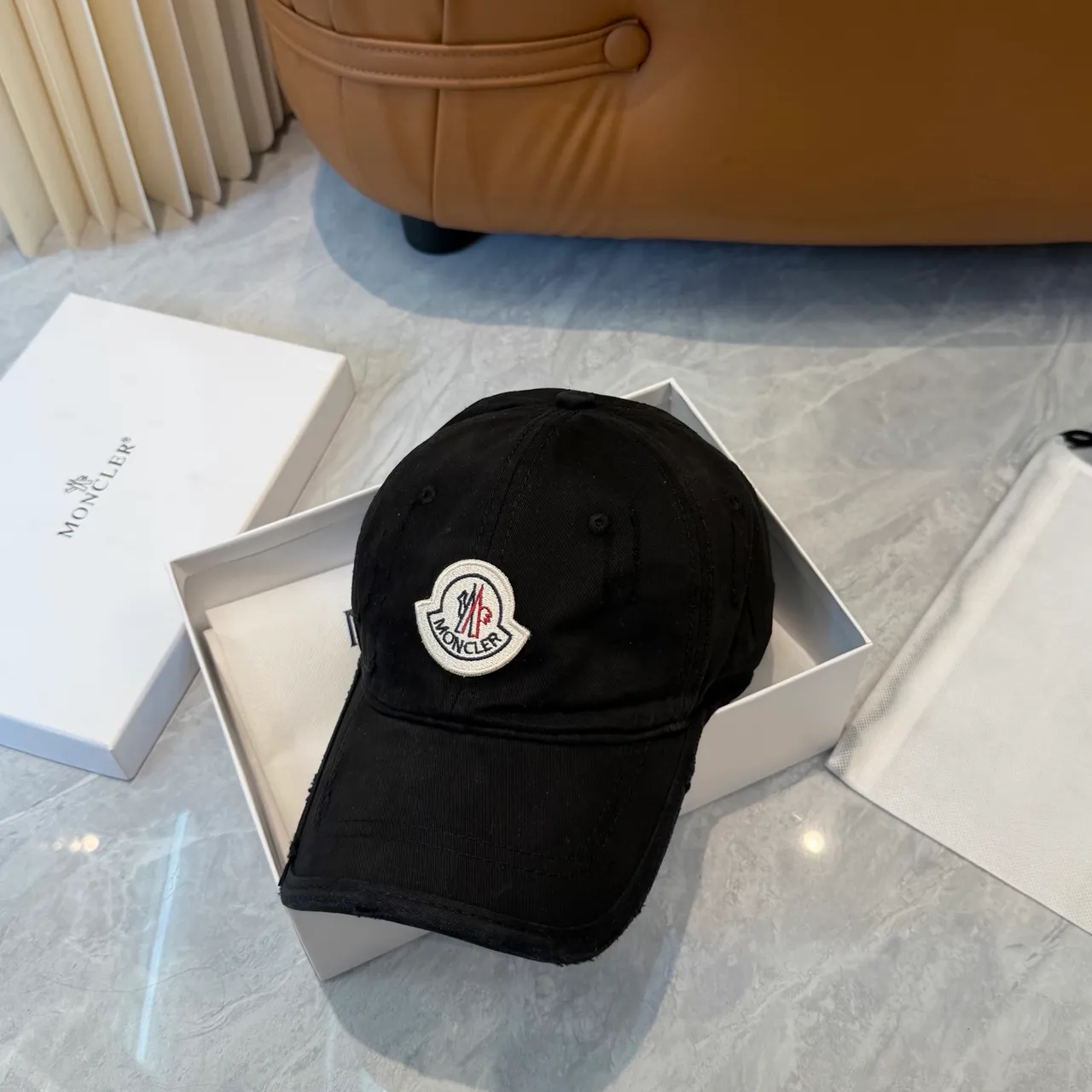 Moncler Black White Distressed Raw-Edge Brim Embroidered Logo Patch Baseball Cap 9