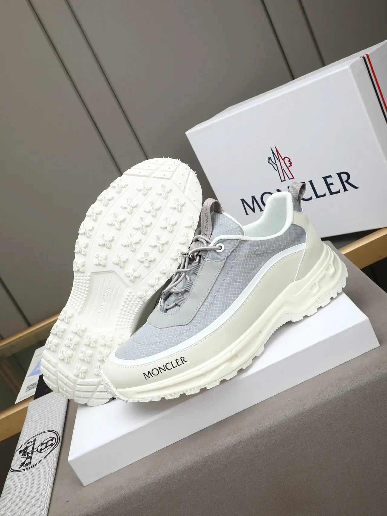 Moncler Gray White Light Mesh Upper Sculpted Sole Sneakers 4
