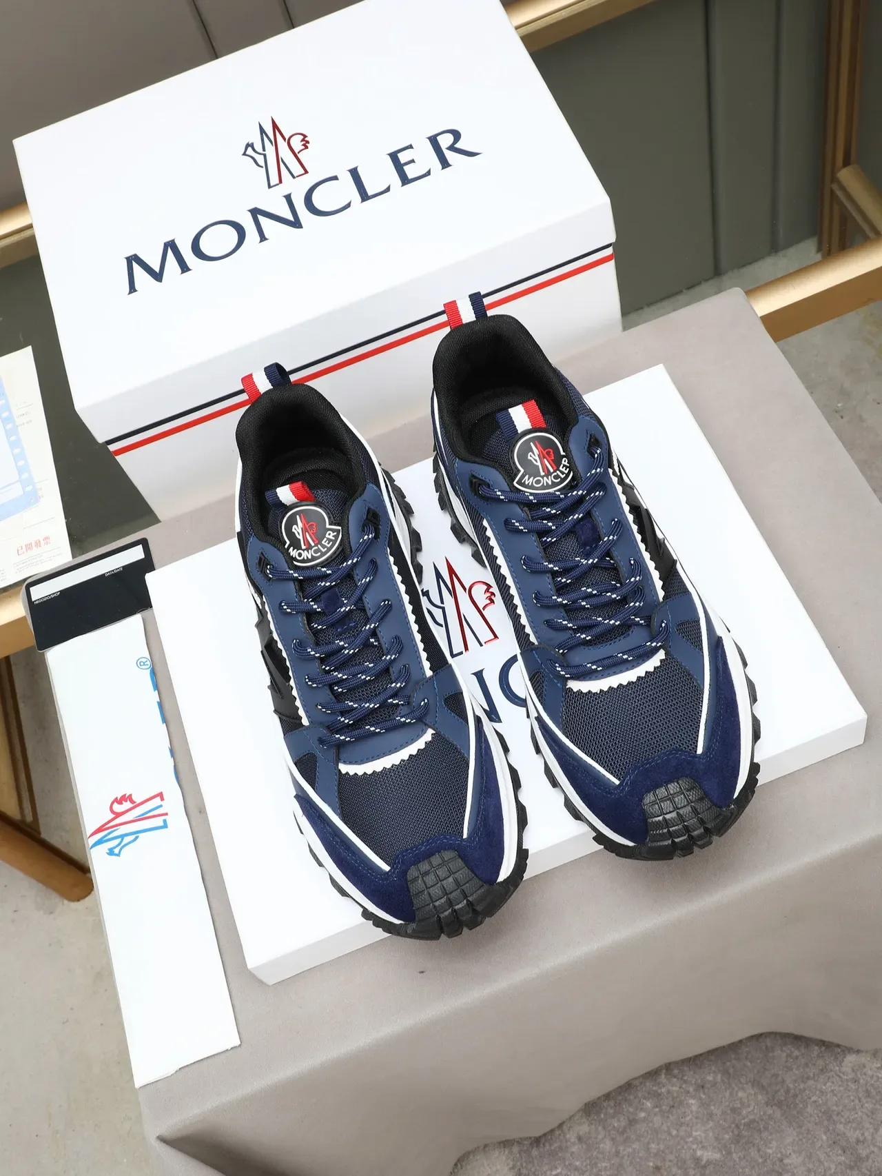 Moncler Navy Black Blue Suede And Mesh Upper White Midsole Stripe Sneakers 2