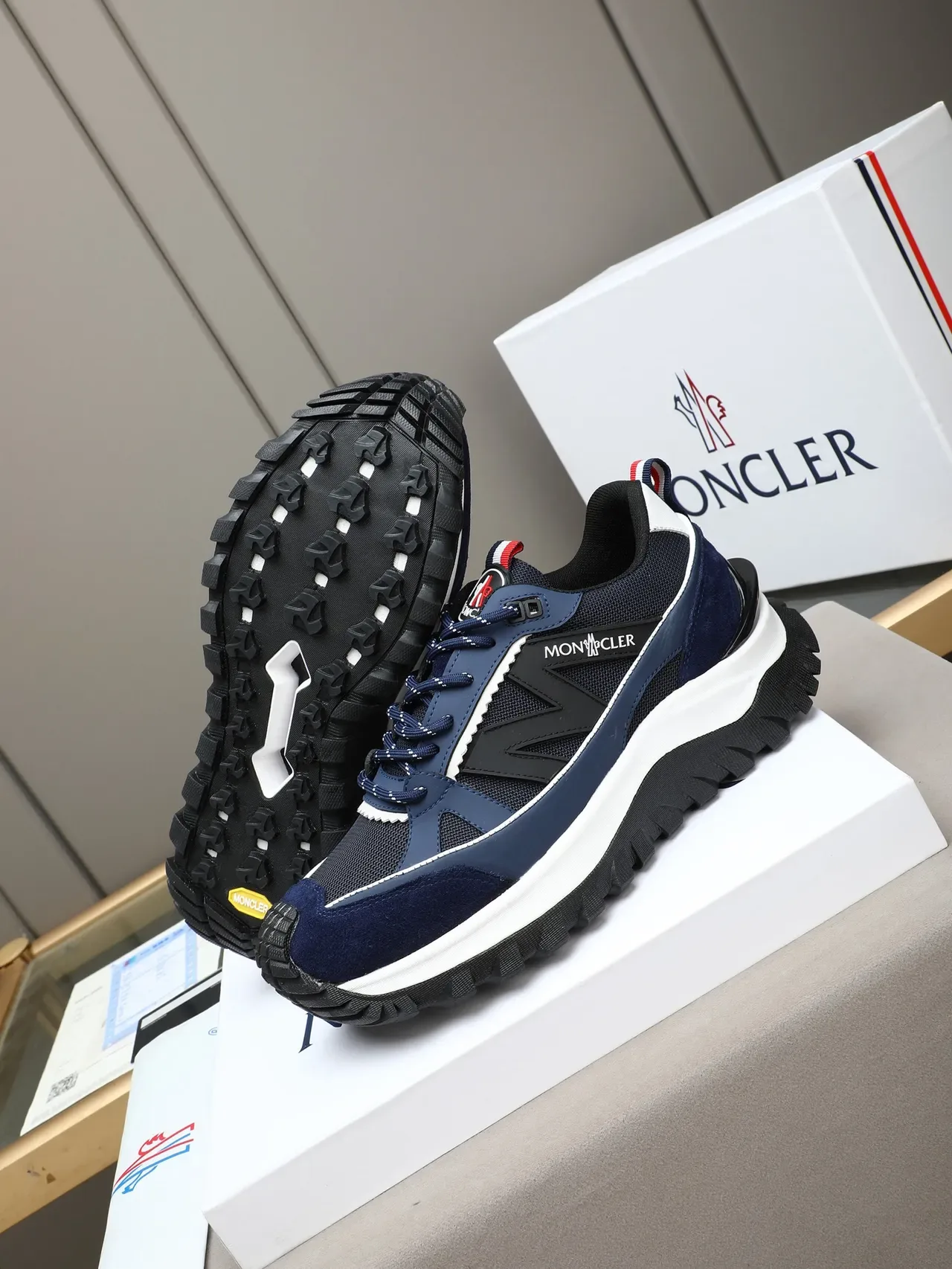Moncler Navy Black Blue Suede And Mesh Upper White Midsole Stripe Sneakers 4