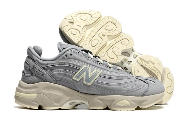 New Balance رمادي بيج طبقة علوة اصطناعية/شبكية منحوتة كعب نصف حذاء رياضي سميك 4