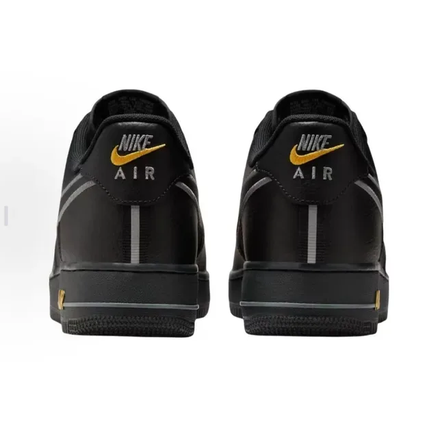 Nike Air Force 1 Black Gold Leather And Mesh Upper Metallic Silver Swoosh Outline Lifestyle Sneakers 2