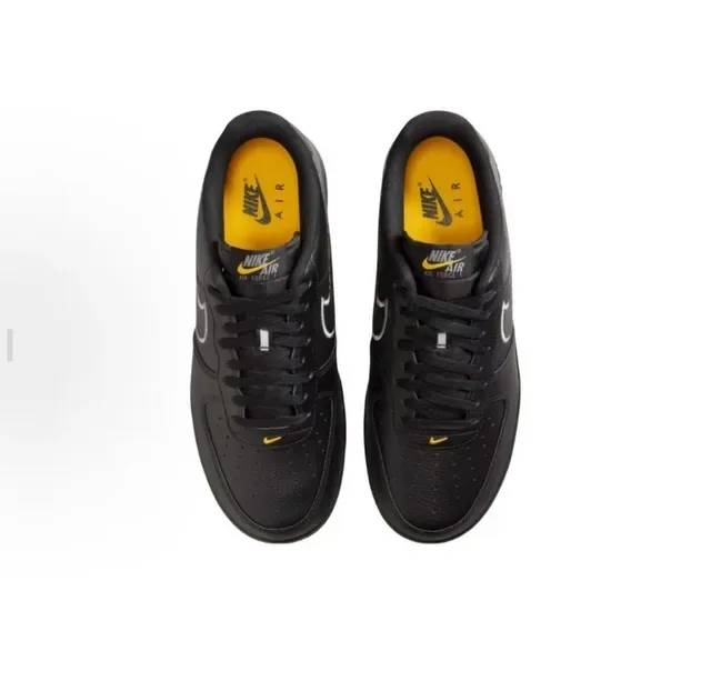 Nike Air Force 1 Black Gold Leather And Mesh Upper Metallic Silver Swoosh Outline Lifestyle Sneakers 3