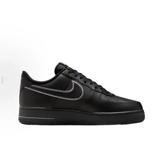 Nike Air Force 1 Black Gold Leather And Mesh Upper Metallic Silver Swoosh Outline Lifestyle Sneakers 4