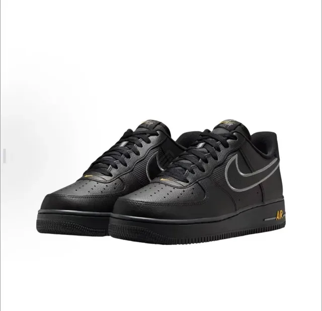 Nike Air Force 1 Black Gold Leather And Mesh Upper Metallic Silver Swoosh Outline Lifestyle Sneakers 6
