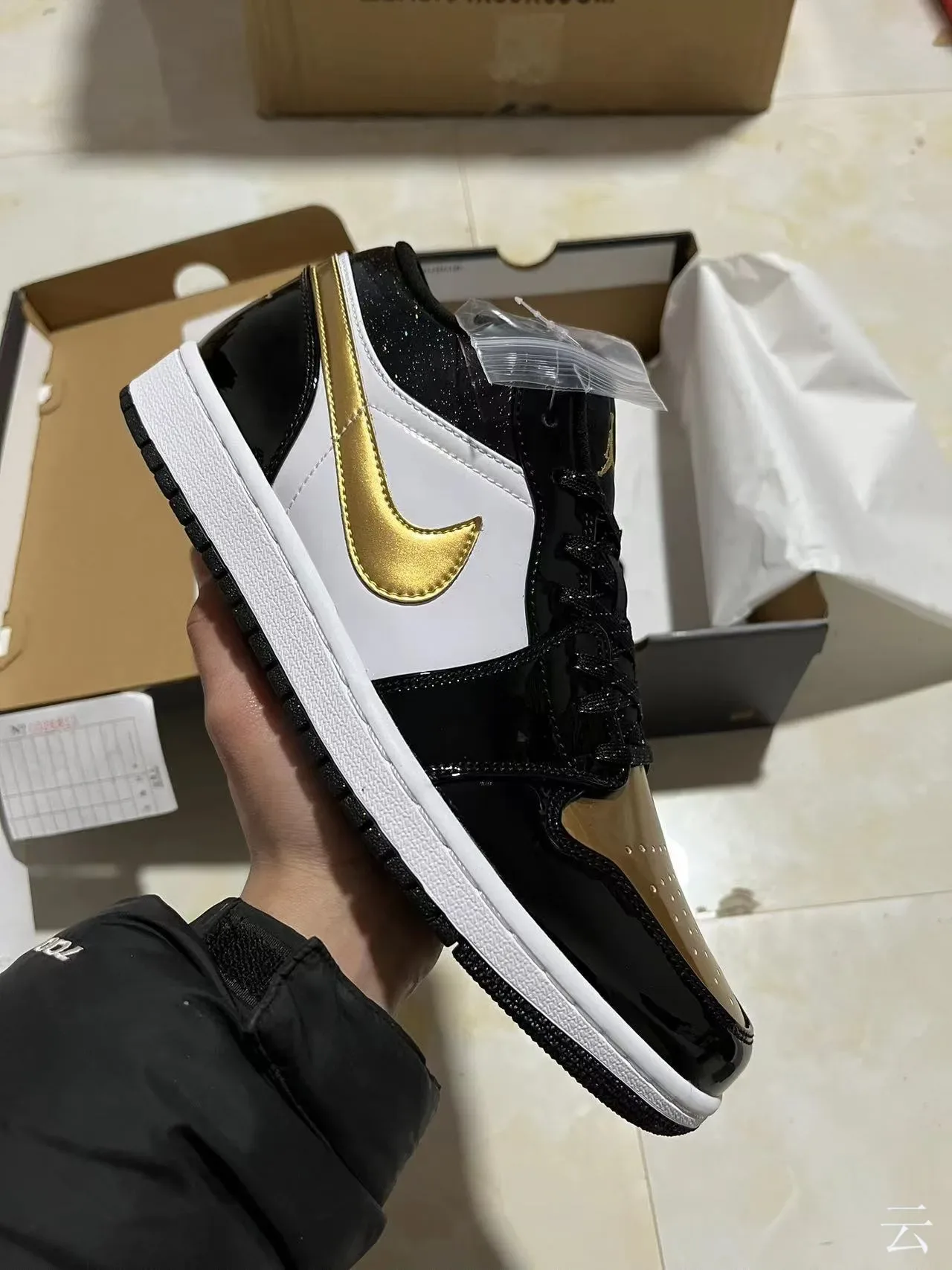 Nike Air Jordan 1 Black White Gold Patent Lifestyle Sneakers 2