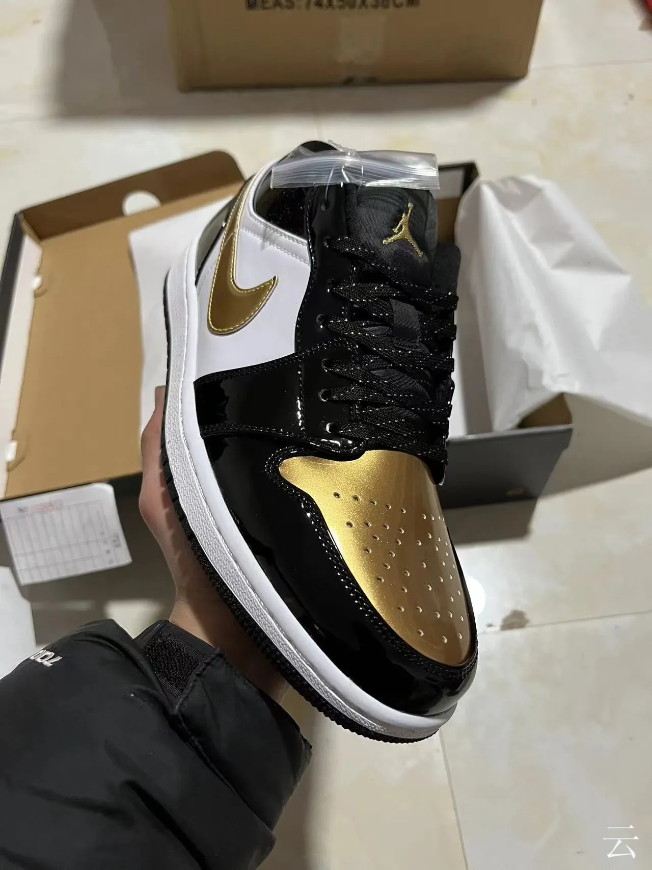 Nike Air Jordan 1 Black White Gold Patent Lifestyle Sneakers 3