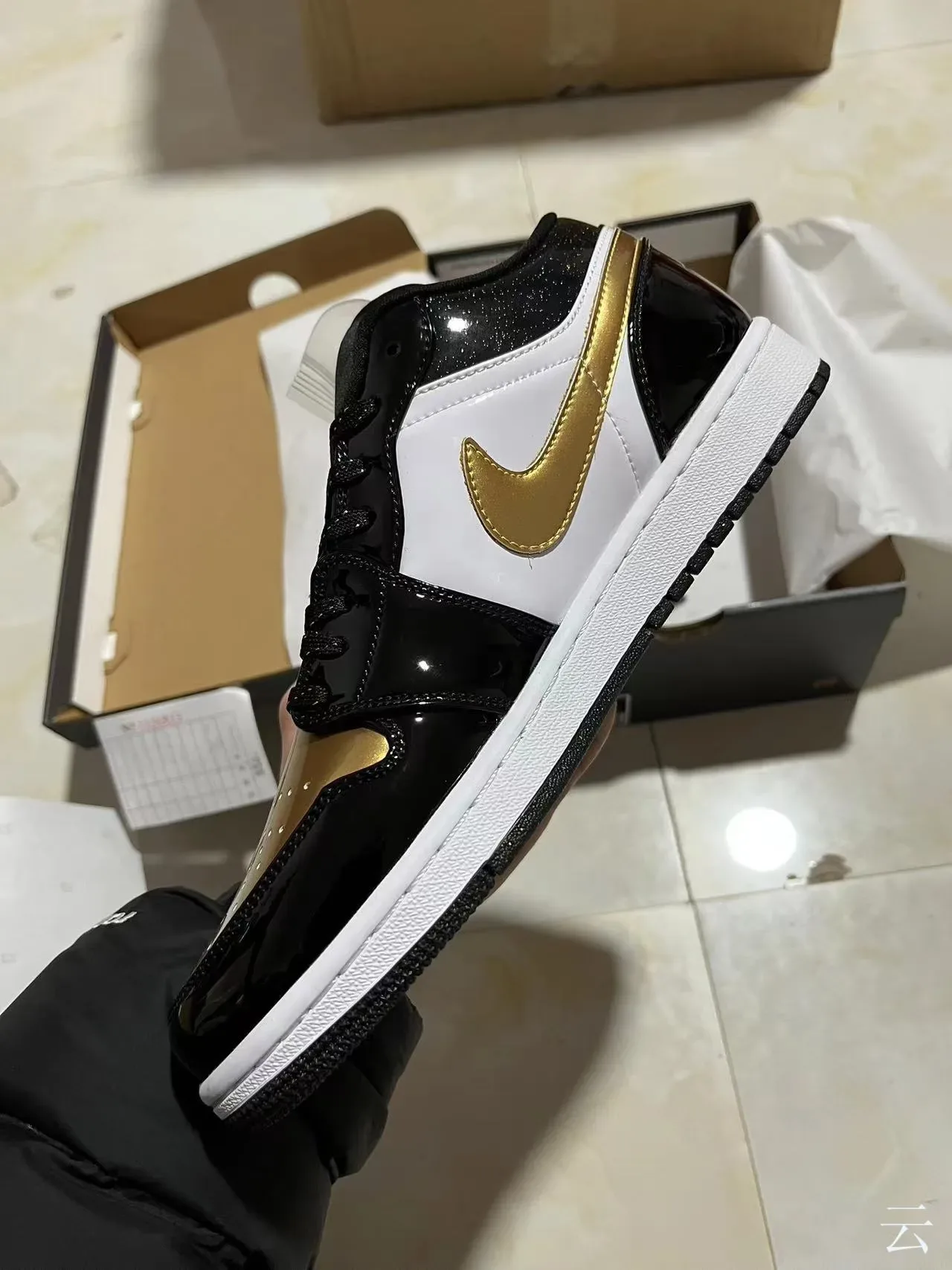 Nike Air Jordan 1 Black White Gold Patent Lifestyle Sneakers 5